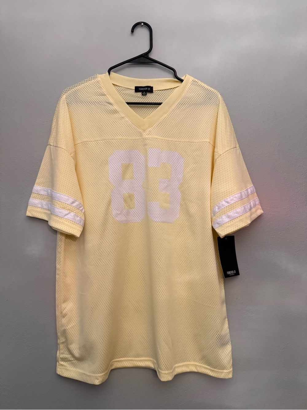 Forever 21 Pale Yellow Mesh Football Jersey Tee with White 83